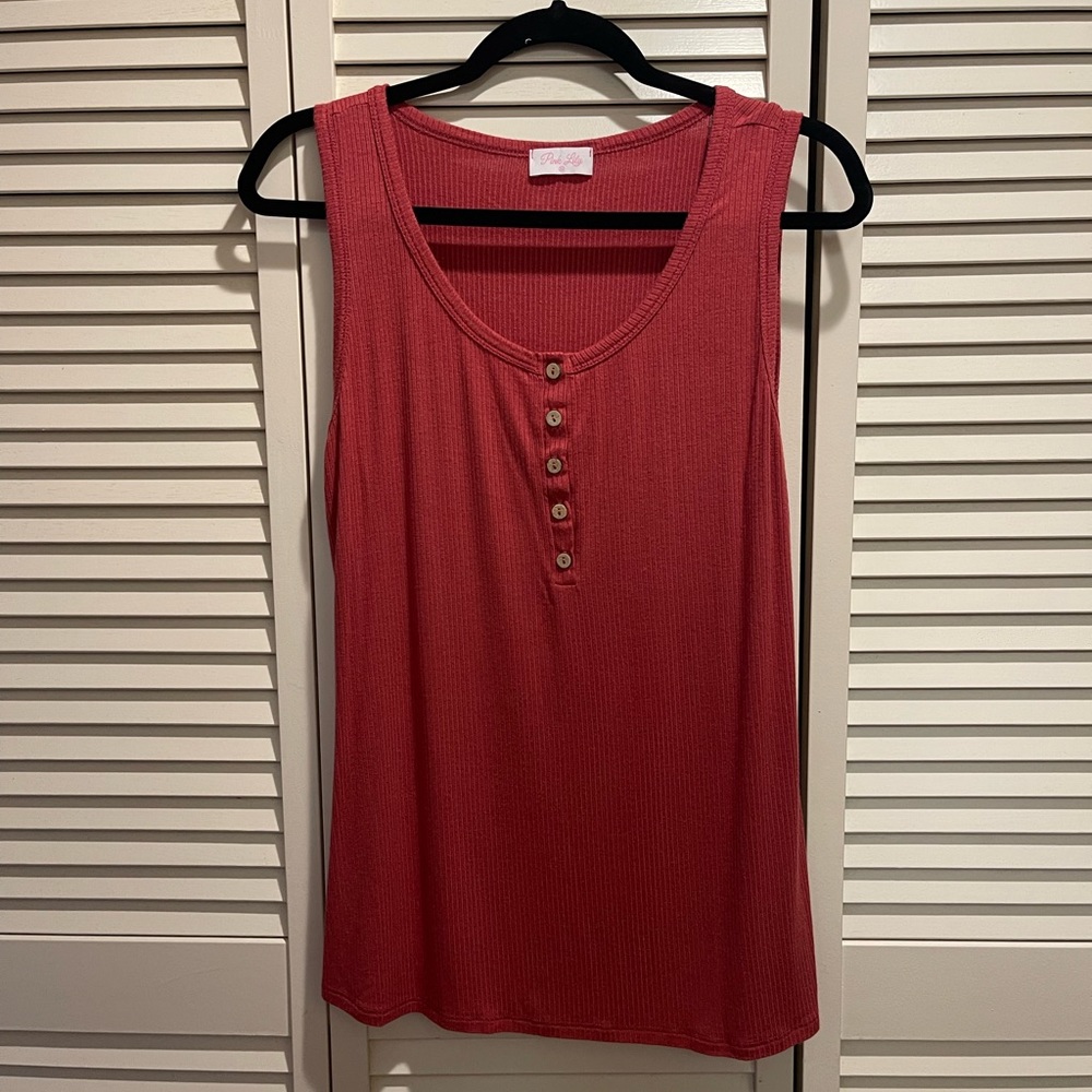Pink Lily Henley Tank - Rust Red